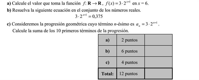 a) Számítsa ki az RR :f , 1 23)(  = x xf függvény x = 6 helyen felvett értékét! b) Oldja meg a következő egyenletet a valós számok halmazán! 375,023 1 = x c) Adott az a mértani sorozat, melynek n-edik tagja: 1 23  = n na . Számítsa ki a sorozat első 10 tagjának összegét!