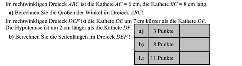 Az ABC derékszögű háromszög AC befogója 6 cm, BC befogója 8 cm hosszú. a) Számítsa ki az ABC háromszög hegyesszögeinek nagyságát! A DEF derékszögű háromszög DE befogója 7 cm-rel rövidebb, mint a DF befogó. Az átfogó 2 cm-rel hosszabb, mint a DF befogó. b) Számítsa ki a DEF háromszög oldalainak hosszát!