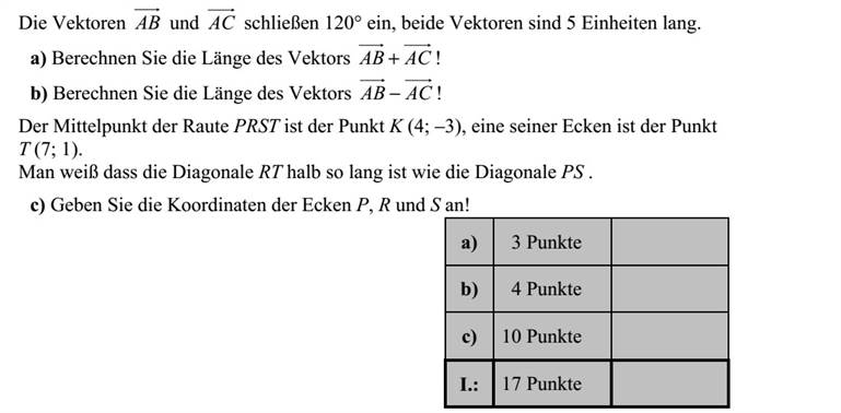Az AB és AC vektorok 120°-os szöget zárnak be egymással, és mindkét vektor hossza 5 egység. a) Számítsa ki az ACAB + vektor hosszát! b) Számítsa ki az ACAB  vektor hosszát! A PRST rombusz középpontja a K (4  -3) pont, egyik csúcspontja a T (7  1) pont. Tudjuk, hogy az RT átló hossza fele a PS átló hosszának. c) Adja meg a P, az R és az S csúcsok koordinátáit!