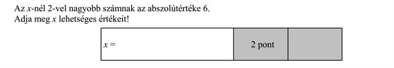 Az x-nél 2-vel nagyobb számnak az abszolútértéke 6. Adja meg x lehetséges értékeit!