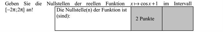 Adja meg a valós számok halmazán értelmezett 1cos xx  függvény zérushelyeit a ]2 2[  intervallumban!