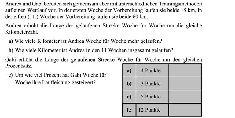 Andrea és Gabi közösen, de különböző edzésmódszerrel készülnek egy futóversenyre. A felkészülés első hetében mindketten 15 km-t, a felkészülés tizenegyedik (11.) hetében pedig már mindketten 60 km-t futnak. Andrea hétről hétre ugyanannyi kilométerrel növeli a lefutott táv hosszát. a) Hány kilométerrel fut többet hétről hétre Andrea? b) Hány kilométert fut Andrea a 11 hét alatt összesen? Gabi hétről hétre ugyanannyi százalékkal növeli a lefutott táv hosszát. c) Hány százalékkal fut többet hétről hétre Gabi?