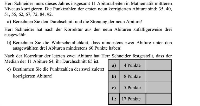 Szabó tanár úrnak ebben az évben összesen 11 darab középszintű matematika érettségi dolgozatot kell kijavítania. Az először kijavított kilenc dolgozat pontszáma: 35, 40, 51, 55, 62, 67, 72, 84, 92. a) Számítsa ki a kilenc dolgozat pontszámának átlagát és szórását! Szabó tanár úr a javítás után a kilenc dolgozat közül három tanuló dolgozatát véletlensze- rűen kiválasztja. b) Számítsa ki annak a valószínűségét, hogy a három kiválasztott dolgozat közül leg- alább kettőnek a pontszáma legalább 60 pont! Az utolsó két dolgozat kijavítása után Szabó tanár úr megállapítja, hogy a 11 dolgozat pontszámának mediánja 64, átlaga 65 pont lett. c) Határozza meg az utoljára kijavított két dolgozat pontszámát!
