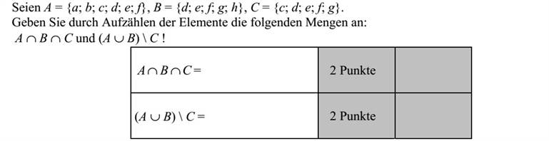 Legyen A = {a  b  c  d  e  f}, B = {d  e  f  g  h}, C = {c  d  e  f  g}. Elemei felsorolásával adja meg az A  B  C és az (A  B)  C halmazt!