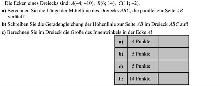 Egy háromszög csúcsai: A(-4  -10), B(6  14), C(11  -2). a) Számítsa ki az ABC háromszög AB oldallal párhuzamos középvonalának hosszát! b) Írja fel az ABC háromszög AB oldalához tartozó magasságvonalának egyenletét! c) Számítsa ki a háromszög A csúcsánál lévő belső szög nagyságát!