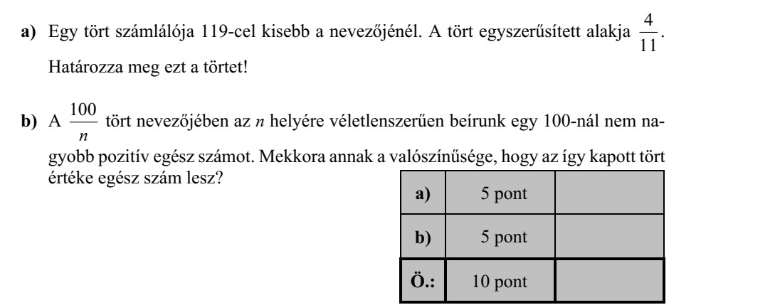 a) Egy tört számlálója 119-cel kisebb a nevezőjénél. A tört egyszerűsített alakja 4 11 . Határozza meg ezt a törtet! b) A 100 n tört nevezőjében az n helyére véletlenszerűen beírunk egy 100-nál nem na- gyobb pozitív egész számot. Mekkora annak a valószínűsége, hogy az így kapott tört értéke egész szám lesz?