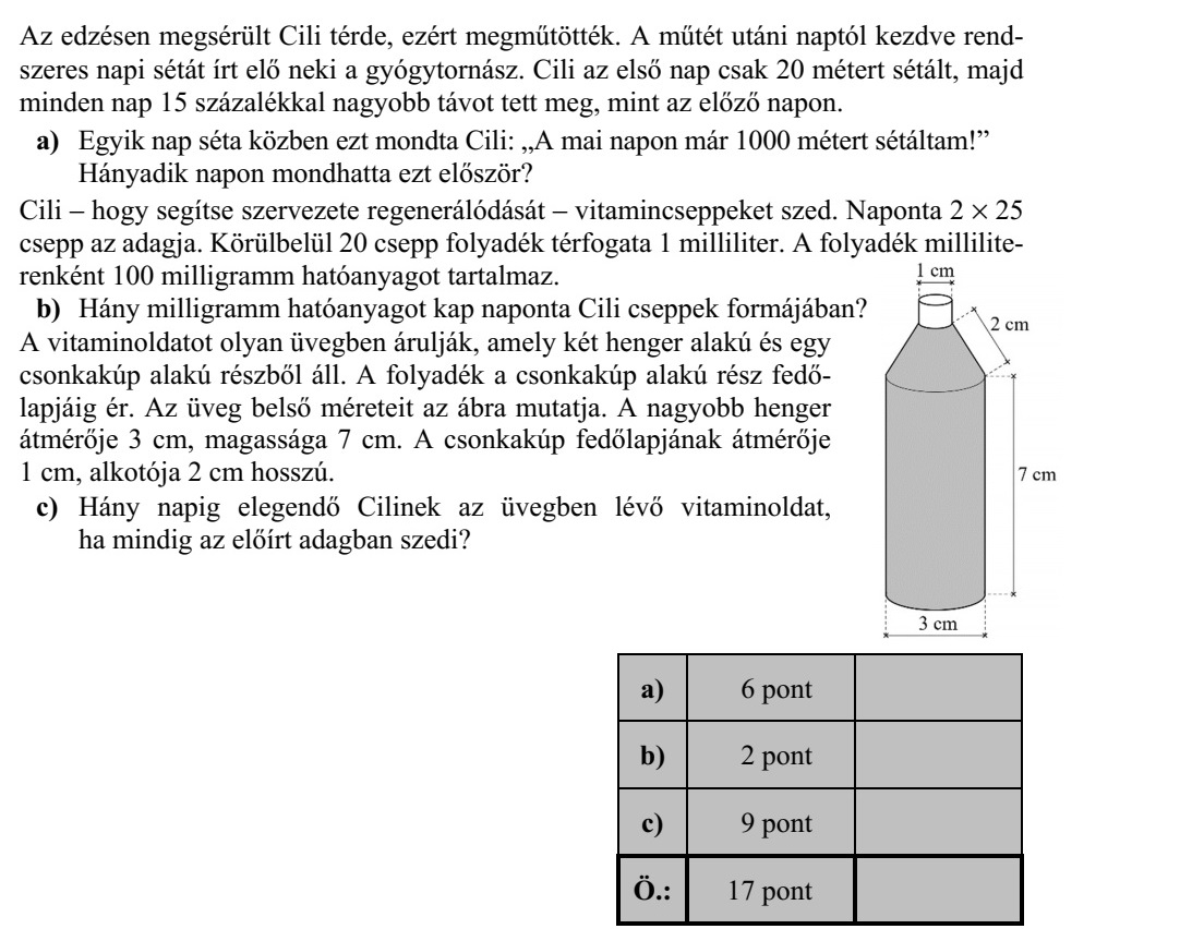 Az edzésen megsérült Cili térde, ezért megműtötték. A műtét utáni naptól kezdve rend- szeres napi sétát írt elő neki a gyógytornász. Cili az első nap csak 20 métert sétált, majd minden nap 15 százalékkal nagyobb távot tett meg, mint az előző napon. a) Egyik nap séta közben ezt mondta Cili: A mai napon már 1000 métert sétáltam! Hányadik napon mondhatta ezt először? Cili - hogy segítse szervezete regenerálódását - vitamincseppeket szed. Naponta 2  25 csepp az adagja. Körülbelül 20 csepp folyadék térfogata 1 milliliter. A folyadék millilite- renként 100 milligramm hatóanyagot tartalmaz. b) Hány milligramm hatóanyagot kap naponta Cili cseppek formájában? A vitaminoldatot olyan üvegben árulják, amely két henger alakú és egy csonkakúp alakú részből áll. A folyadék a csonkakúp alakú rész fedő- lapjáig ér. Az üveg belső méreteit az ábra mutatja. A nagyobb henger átmérője 3 cm, magassága 7 cm. A csonkakúp fedőlapjának átmérője 1 cm, alkotója 2 cm hosszú. c) Hány napig elegendő Cilinek az üvegben lévő vitaminoldat, ha mindig az előírt adagban szedi?