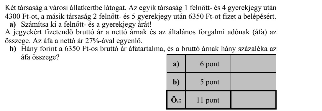 Két társaság a városi állatkertbe látogat. Az egyik társaság 1 felnőtt- és 4 gyerekjegy után 4300 Ft-ot, a másik társaság 2 felnőtt- és 5 gyerekjegy után 6350 Ft-ot fizet a belépésért. a) Számítsa ki a felnőtt- és a gyerekjegy árát! A jegyekért fizetendő bruttó ár a nettó árnak és az általános forgalmi adónak (áfa) az összege. Az áfa a nettó ár 27%-ával egyenlő. b) Hány forint a 6350 Ft-os bruttó ár áfatartalma, és a bruttó árnak hány százaléka az áfa összege?