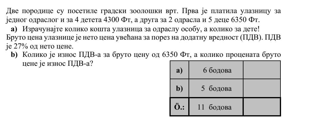 Két társaság a városi állatkertbe látogat. Az egyik társaság 1 felnőtt- és 4 gyerekjegy után 4300 Ft-ot, a másik társaság 2 felnőtt- és 5 gyerekjegy után 6350 Ft-ot fizet a belépésért. a) Számítsa ki a felnőtt- és a gyerekjegy árát! A jegyekért fizetendő bruttó ár a nettó árnak és az általános forgalmi adónak (áfa) az összege. Az áfa a nettó ár 27%-ával egyenlő. b) Hány forint a 6350 Ft-os bruttó ár áfatartalma, és a bruttó árnak hány százaléka az áfa összege?