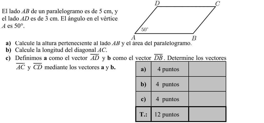 Az ABCD paralelogramma AB oldala 5 cm, AD oldala 3 cm hosszú. A paralelogramma A csúcsánál lévő szöge 50°. a) Számítsa ki a paralelogramma AB oldalhoz tartozó magasságának hosszát és a para- lelogramma területét! b) Számítsa ki a paralelogramma AC átlójának hosszát! c) Jelölje az AD  vektort a, a DB  vektort b. Fejezze ki az AC  és a CD  vektort az a és b vektorok segítségével!