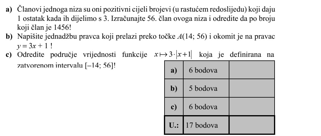 a) Egy sorozat tagjai azok a pozitív egész számok (növekvő sorrendben), amelyek 3-mal osztva 1 maradékot adnak. Adja meg a sorozat 56. tagját, és határozza meg, hogy hányadik tagja a sorozatnak az 1456. b) Írja fel az A(14  56) ponton átmenő, az y = 3x + 1 egyenletű egyenesre merőleges egyenes egyenletét! c) Adja meg a [-14  56] zárt intervallumon értelmezett 3 1x x + függvény érték- készletét!
