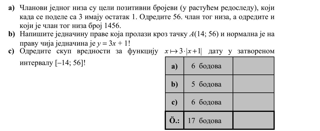a) Egy sorozat tagjai azok a pozitív egész számok (növekvő sorrendben), amelyek 3-mal osztva 1 maradékot adnak. Adja meg a sorozat 56. tagját, és határozza meg, hogy hányadik tagja a sorozatnak az 1456. b) Írja fel az A(14  56) ponton átmenő, az y = 3x + 1 egyenletű egyenesre merőleges egyenes egyenletét! c) Adja meg a [-14  56] zárt intervallumon értelmezett 3 1x x + függvény érték- készletét!
