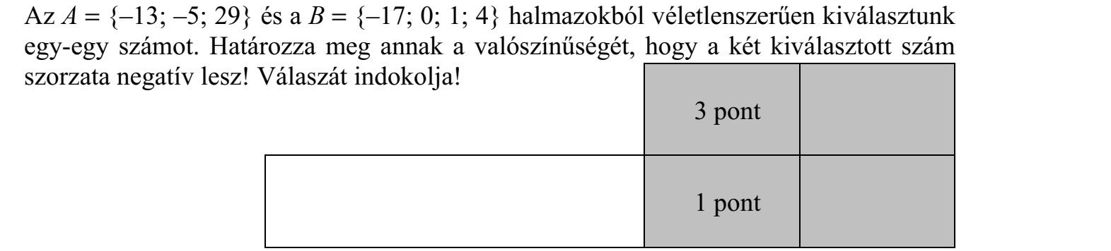 Az A = {-13  -5  29} és a B = {-17  0  1  4} halmazokból véletlenszerűen kiválasztunk egy-egy számot. Határozza meg annak a valószínűségét, hogy a két kiválasztott szám szorzata negatív lesz! Válaszát indokolja!