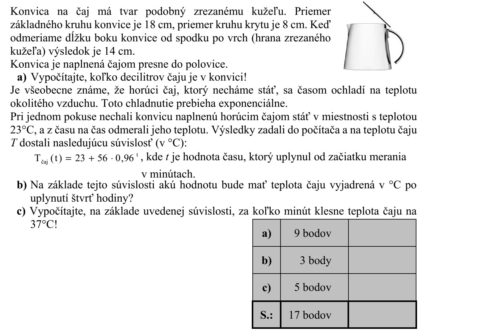 Egy teáskanna jó közelítéssel csonkakúp alakú. A teáskanna alapkör- ének átmérője 18 cm, fedőkörének átmérője 8 cm. A kanna oldalán az aljától a tetejéig mért távolság (a csonkakúp alkotója) 14 cm. A kannában magasságának feléig áll a tea. a) Számítsa ki, hogy hány deciliter tea van a kannában! Ismert tény, hogy magára hagyva a forró tea előbb-utóbb a környező levegő hőmérsékle- tére hűl le. Ez a hőmérsékletcsökkenés exponenciális jellegű. Egy kísérlet során egy kanna forró teát egy 23°C-os helyiségben magára hagytak, majd időről időre megmérték a hőmérsékletét. Az eredményeket számítógépbe táplálva a tea T hőmérsékletére (°C-ban) a következő összefüggést kapták: tea ( ) 23 56 0,96t T t = +  , ahol t a mérés kezdete óta eltelt idő percben. b) A megállapított összefüggés szerint hány °C lesz a tea hőmérséklete negyedóra elteltével? c) Számítsa ki, hogy a fenti összefüggés szerint hány perc alatt csökken a tea hőmérsék- lete 37°C-ra!