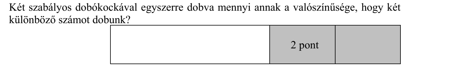 Két szabályos dobókockával egyszerre dobva mennyi annak a valószínűsége, hogy két különböző számot dobunk?