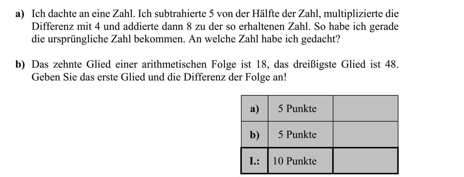 a) Gondoltam egy számra. A szám feléből kivontam 5-öt, a különbséget megszoroztam 4-gyel, majd az így kapott számhoz hozzáadtam 8-at. Így éppen az eredeti számot kaptam eredményül. Melyik számra gondoltam? b) Egy számtani sorozat tizedik tagja 18, harmincadik tagja 48. Adja meg a sorozat első tagját és differenciáját!