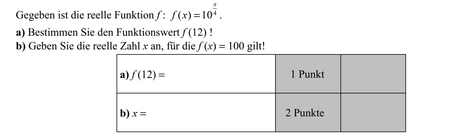 Adott a valós számok halmazán értelmezett f függvény: 4 ( ) 10 x f x = . a) Határozza meg f (12) értékét! b) Adja meg azt az x valós számot, amelyre f (x) = 100.