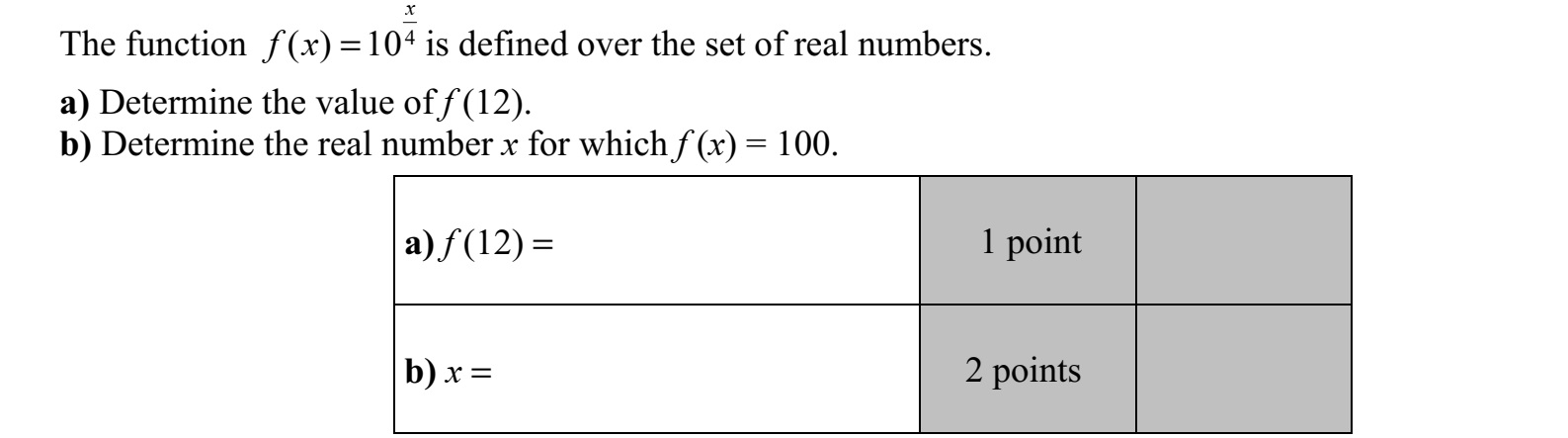 Adott a valós számok halmazán értelmezett f függvény: 4 ( ) 10 x f x = . a) Határozza meg f (12) értékét! b) Adja meg azt az x valós számot, amelyre f (x) = 100.