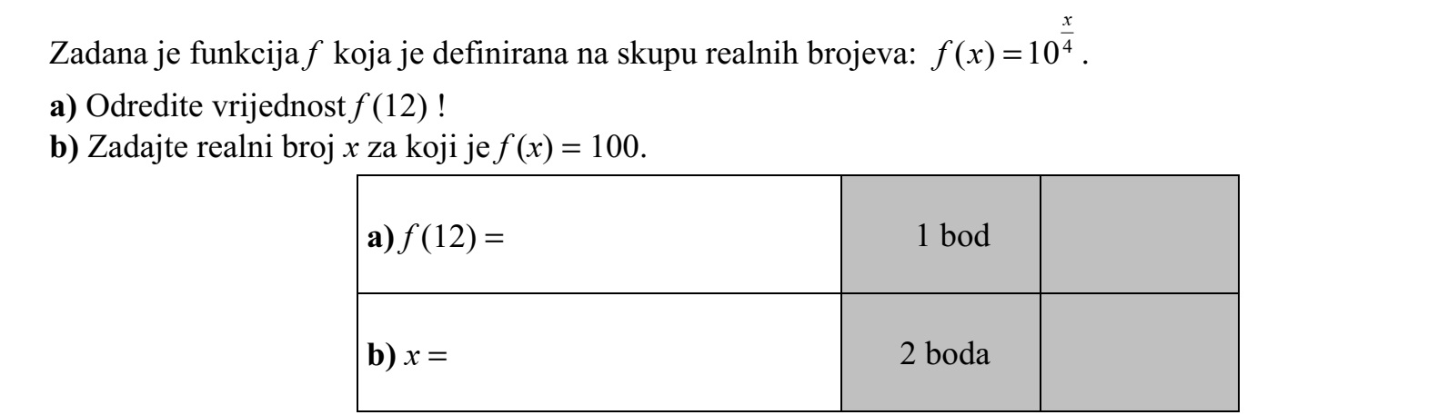 Adott a valós számok halmazán értelmezett f függvény: 4 ( ) 10 x f x = . a) Határozza meg f (12) értékét! b) Adja meg azt az x valós számot, amelyre f (x) = 100.