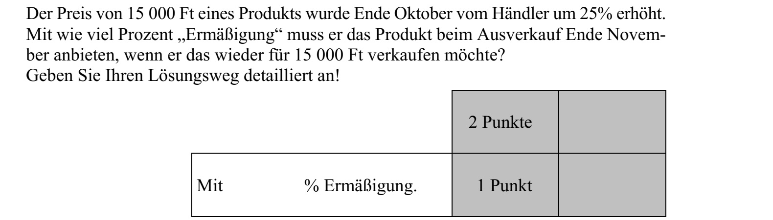 Egy 15 000 Ft-os termék árát a kereskedő október végén 25%-kal felemelte. Hány százalékos kedvezménnyel adja a terméket a november végi leárazáskor, ha ekkor újra 15 000 Ft-os áron hirdeti? Megoldását részletezze!