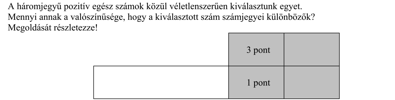 A háromjegyű pozitív egész számok közül véletlenszerűen kiválasztunk egyet. Mennyi annak a valószínűsége, hogy a kiválasztott szám számjegyei különbözők? Megoldását részletezze!