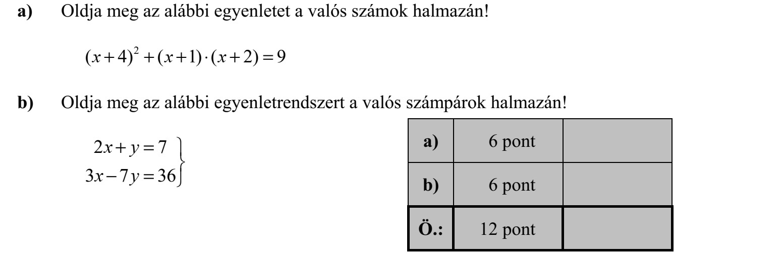 a) Oldja meg az alábbi egyenletet a valós számok halmazán! 2 ( 4) ( 1) ( 2) 9x x x+ + +  + = b) Oldja meg az alábbi egyenletrendszert a valós számpárok halmazán! 2 7 3 7 36 x y x y + =    = 