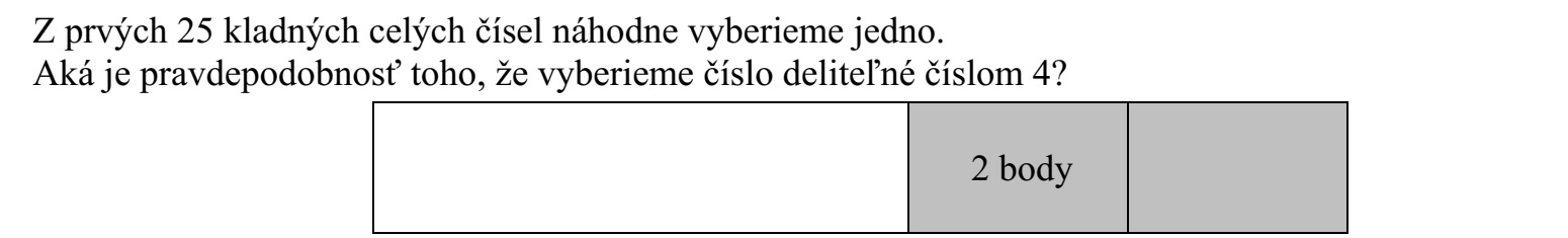 Az első 25 pozitív egész szám közül véletlenszerűen kiválasztunk egyet. Mennyi annak a valószínűsége, hogy 4-gyel osztható számot választunk?