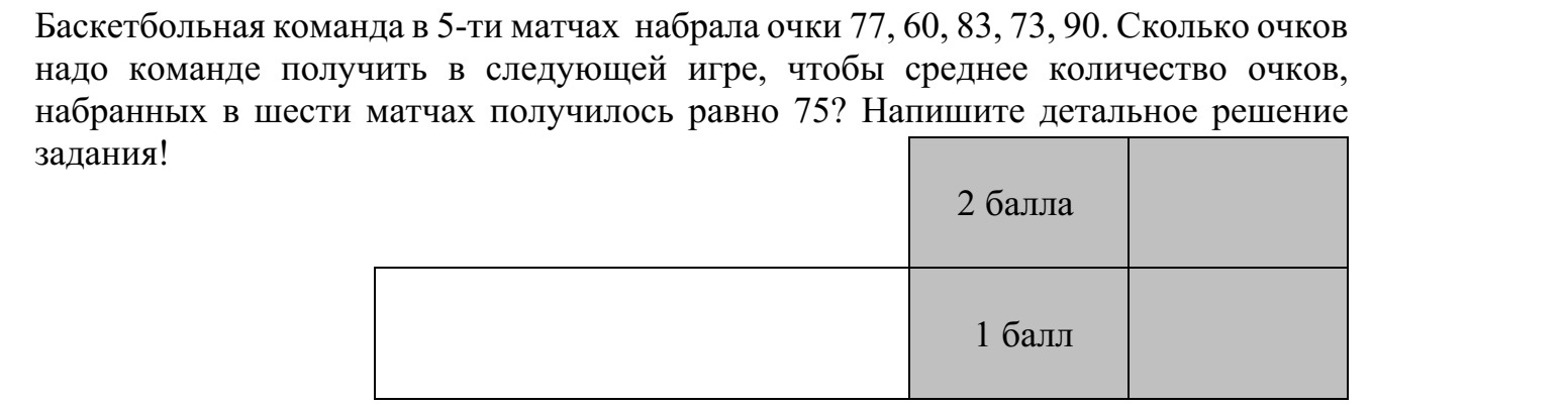 Egy kosárlabdacsapat az előző öt mérkőzésén 77, 60, 83, 73, illetve 90 pontot szerzett. Hány pontot kell szereznie a csapatnak a következő mérkőzésén ahhoz, hogy a hat mér- kőzésen szerzett pontjainak átlaga 75 legyen? Megoldását részletezze!
