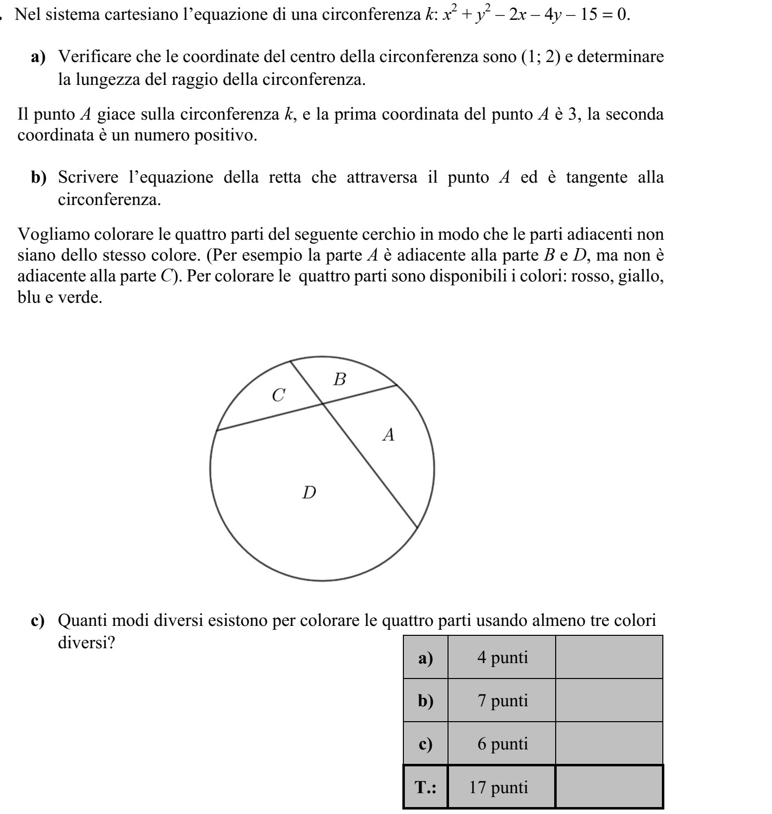 A k kör egyenlete a koordináta-rendszerben: x2 + y2 - 2x - 4y - 15 = 0. a) Igazolja, hogy a kör középpontjának koordinátái (1  2), és adja meg a kör sugarát! Az A pont illeszkedik a k körre, első koordinátája 3, második koordinátája pozitív szám. b) Írja fel az A ponton átmenő, a kört érintő egyenes egyenletét! Az alábbi körlap négy tartományát szeretnénk egy-egy színnel kiszínezni úgy, hogy szomszédos tartományok ne legyenek azonos színűek. (Például az A-val jelölt tartomány szomszédos B-vel és D-vel, de nem szomszédos C-vel.) A színezéshez a piros, sárga, kék és zöld színek állnak rendelkezésünkre. c) Hányféleképpen végezhetjük el a színezést, ha legalább három színt fel kell hasz- nálnunk?