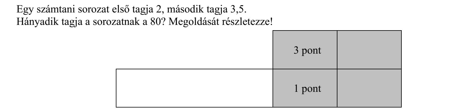 Egy számtani sorozat első tagja 2, második tagja 3,5. Hányadik tagja a sorozatnak a 80? Megoldását részletezze!