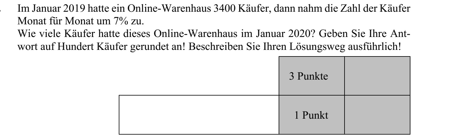 Egy új webáruháznak 2019 januárjában 3400 vásárlója volt, majd a vásárlók száma hó- napról hónapra 7%-kal nőtt. Hány vásárlója volt ennek a webáruháznak 2020 januárjában? Válaszát száz főre kere- kítve adja meg! Megoldását részletezze!