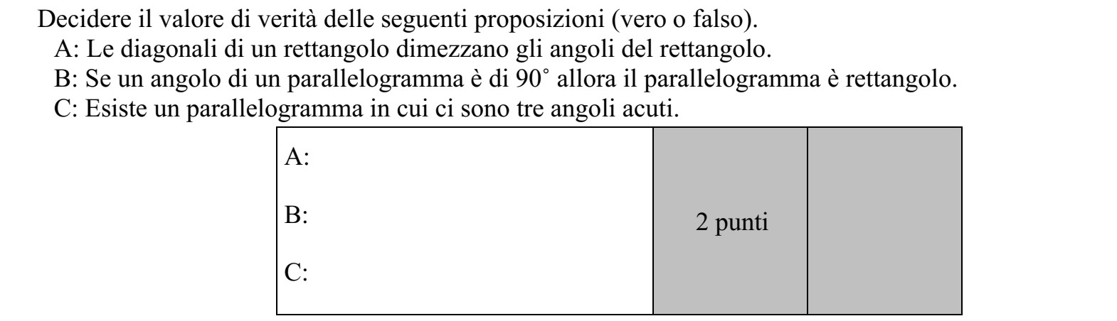 Adja meg a következő állítások logikai értékét (igaz vagy hamis)! A: A téglalap átlói felezik a téglalap szögeit. B: Ha a paralelogramma egyik szöge 90°-os, akkor téglalap. C: Van olyan paralelogramma, amelyiknek három hegyesszöge van.