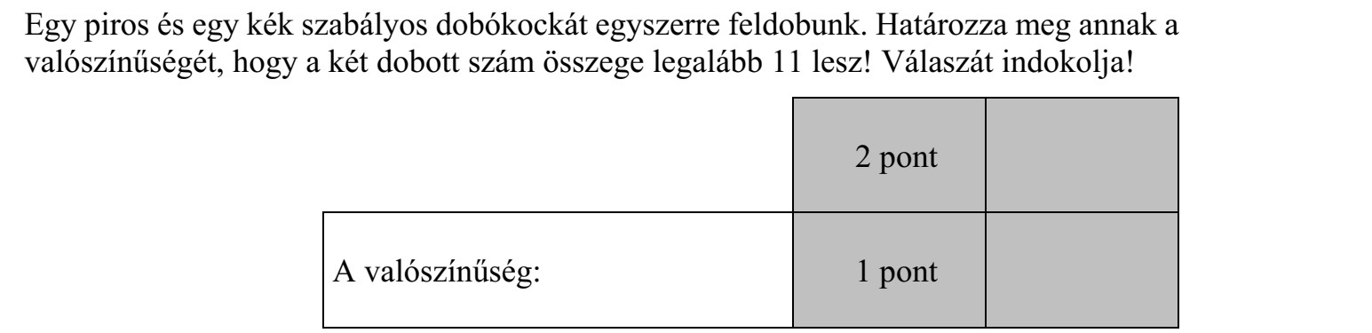 Egy piros és egy kék szabályos dobókockát egyszerre feldobunk. Határozza meg annak a valószínűségét, hogy a két dobott szám összege legalább 11 lesz! Válaszát indokolja!