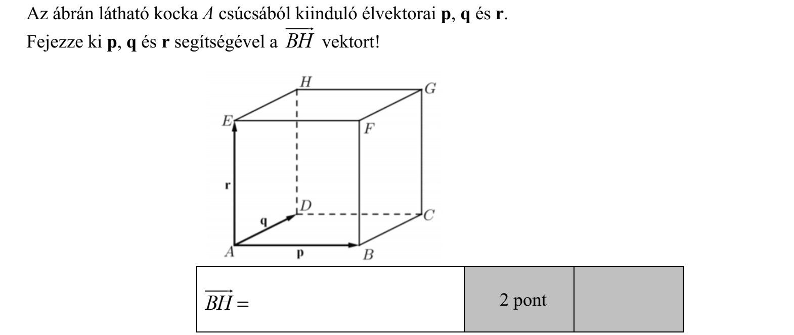 Az ábrán látható kocka A csúcsából kiinduló élvektorai p, q és r. Fejezze ki p, q és r segítségével a BH  vektort!
