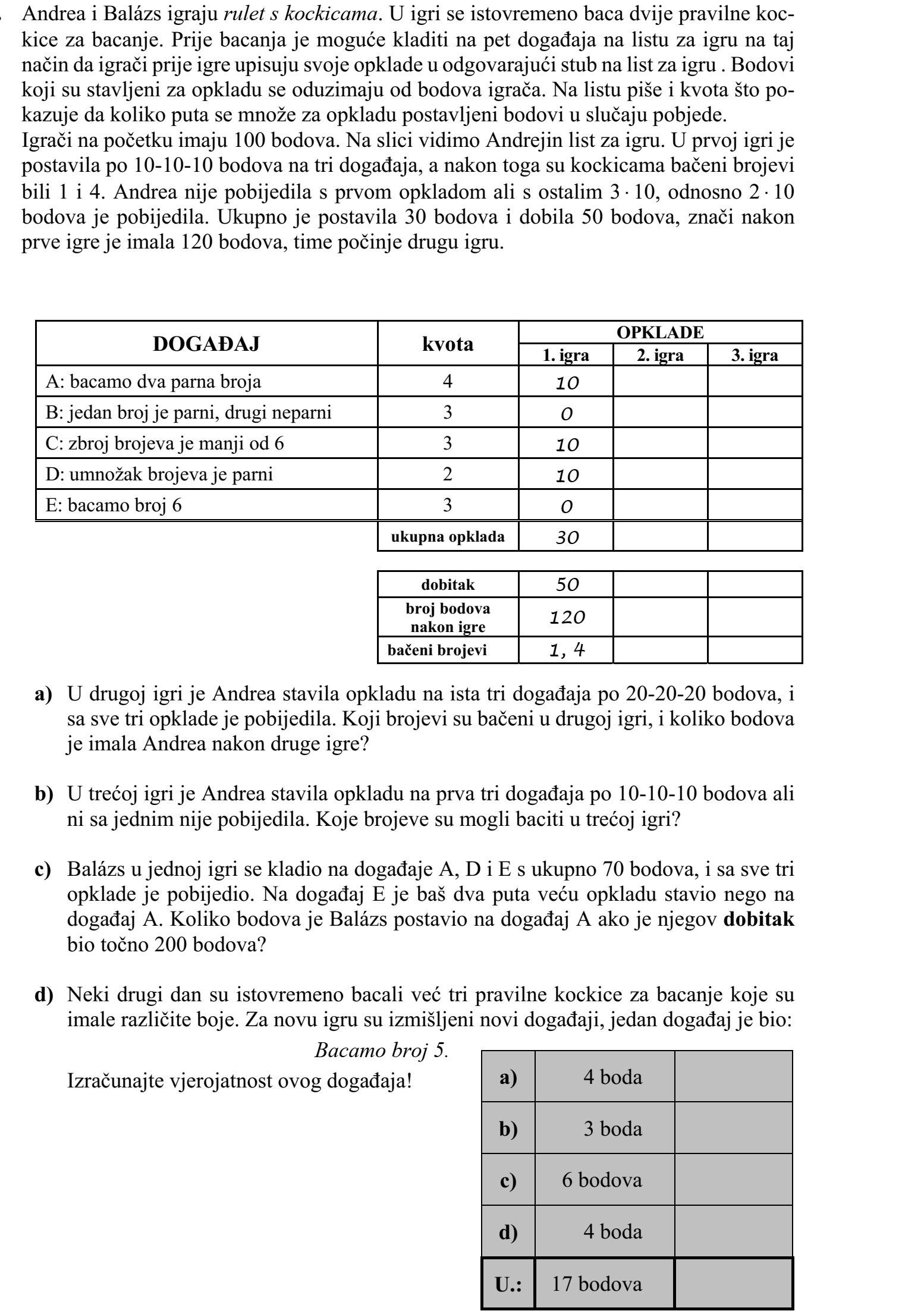 Andrea és Balázs kockarulettet játszanak. Egy játék abból áll, hogy két szabályos dobó- kockával egyszerre dobnak. A dobás előtt a játékszelvényen megadott öt eseményre lehet fogadni úgy, hogy a játékosok minden játék előtt beírják a tétjeiket a játékszelvény meg- felelő oszlopába. A tétként feltett pontokat levonják a játékos pontszámából. A szelvé- nyen látható az egyes eseményekre a nyereményszorzó is, ami megmutatja, hogy a tétként feltett pontok hányszorosát kapják meg nyereményként, amennyiben az esemény bekö- vetkezik. A játékosok 100 ponttal indulnak. A lenti ábrán Andrea játékszelvényét látjuk. Az 1. já- tékban 10-10-10 pontot tett fel három eseményre, és ezek után az 1 és 4 számokat dobták a kockákkal. Andrea az első téttel nem nyert, de a másik kettővel 3  10, illetve 2  10 pontot nyert. Összesen 30 pontot tett fel, és 50 pontot nyert, tehát az 1. játék után 120 pontja lett, ennyivel kezdi a 2. játékot. a) A 2. játékban Andrea ugyanerre a három eseményre fogadott 20-20-20 ponttal, és mindhárom tétjével nyert. Melyik számokat dobták a 2. játékban, és mennyi lett Andrea pontszáma a 2. játék után? b) A 3. játékban Andrea az első három eseményre fogadott 10-10-10 ponttal, de egyik- kel sem nyert. Melyik számokat dobhatták a 3. játékban? c) Balázs az egyik játékban az A, a D és az E eseményre fogadott összesen 70 ponttal, és mindhárom tétjével nyert. Az E eseményre éppen kétszer annyi tétet tett, mint az A-ra. Hány ponttal fogadott Balázs az A eseményre, ha összesen 200 pont lett a nye- reménye? d) Egy másik napon már három, különböző színű szabályos dobókockával dobtak egy- szerre. Az új játékhoz új eseményeket találtak ki, az egyik esemény ez volt: Dobunk 5-öst. Számítsa ki ennek az eseménynek a valószínűségét!