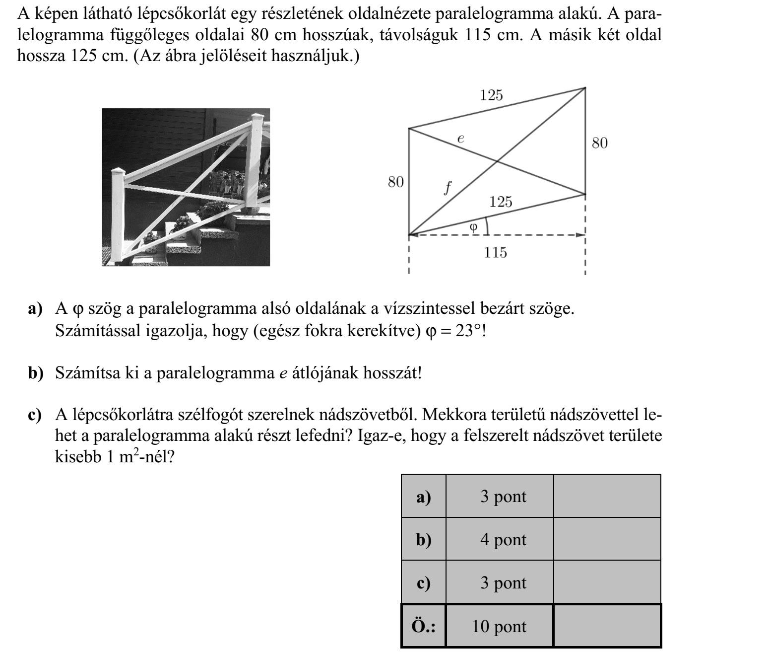 A képen látható lépcsőkorlát egy részletének oldalnézete paralelogramma alakú. A para- lelogramma függőleges oldalai 80 cm hosszúak, távolságuk 115 cm. A másik két oldal hossza 125 cm. (Az ábra jelöléseit használjuk.) a) A  szög a paralelogramma alsó oldalának a vízszintessel bezárt szöge. Számítással igazolja, hogy (egész fokra kerekítve)  = 23°! b) Számítsa ki a paralelogramma e átlójának hosszát! c) A lépcsőkorlátra szélfogót szerelnek nádszövetből. Mekkora területű nádszövettel le- het a paralelogramma alakú részt lefedni? Igaz-e, hogy a felszerelt nádszövet területe kisebb 1 m2 -nél?