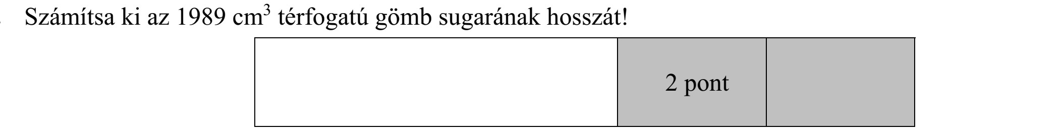 Számítsa ki az 1989 cm3 térfogatú gömb sugarának hosszát!