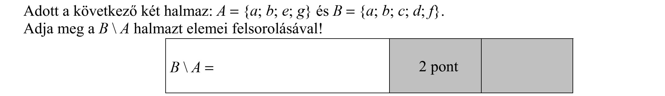Adott a következő két halmaz: A = {a  b  e  g} és B = {a  b  c  d  f}. Adja meg a B  A halmazt elemei felsorolásával!