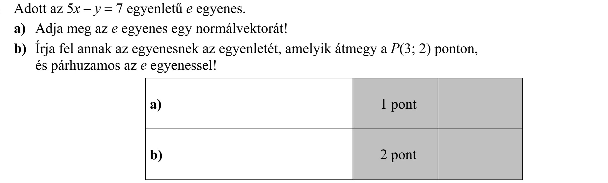 Adott az 5x - y = 7 egyenletű e egyenes. a) Adja meg az e egyenes egy normálvektorát! b) Írja fel annak az egyenesnek az egyenletét, amelyik átmegy a P(3  2) ponton, és párhuzamos az e egyenessel!