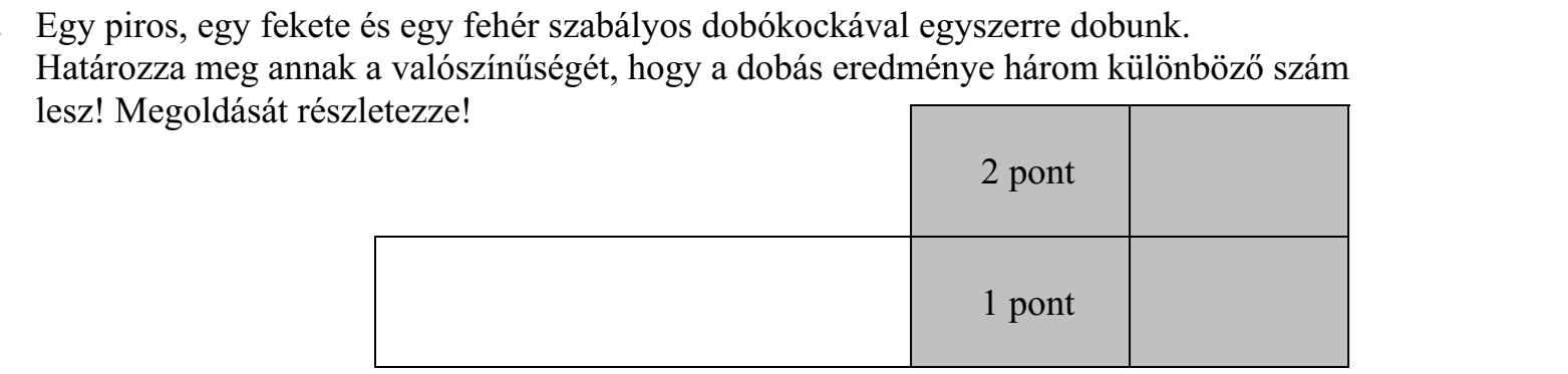 Egy piros, egy fekete és egy fehér szabályos dobókockával egyszerre dobunk. Határozza meg annak a valószínűségét, hogy a dobás eredménye három különböző szám lesz!