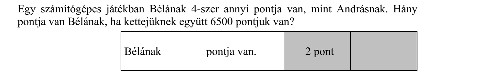 Egy számítógépes játékban Bélának 4-szer annyi pontja van, mint Andrásnak. Hány pontja van Bélának, ha kettejüknek együtt 6500 pontjuk van?