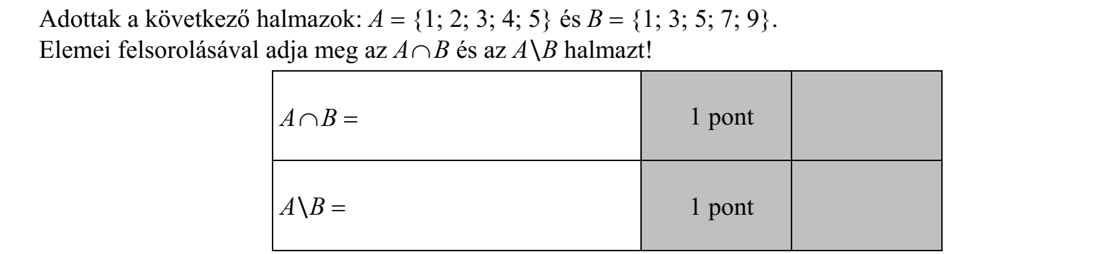 Adottak a következő halmazok: A  {1; 2; 3; 4; 5} és B  {1; 3; 5; 7; 9}. Elemei felsorolásával adja meg az AB és az A\B halmazt!