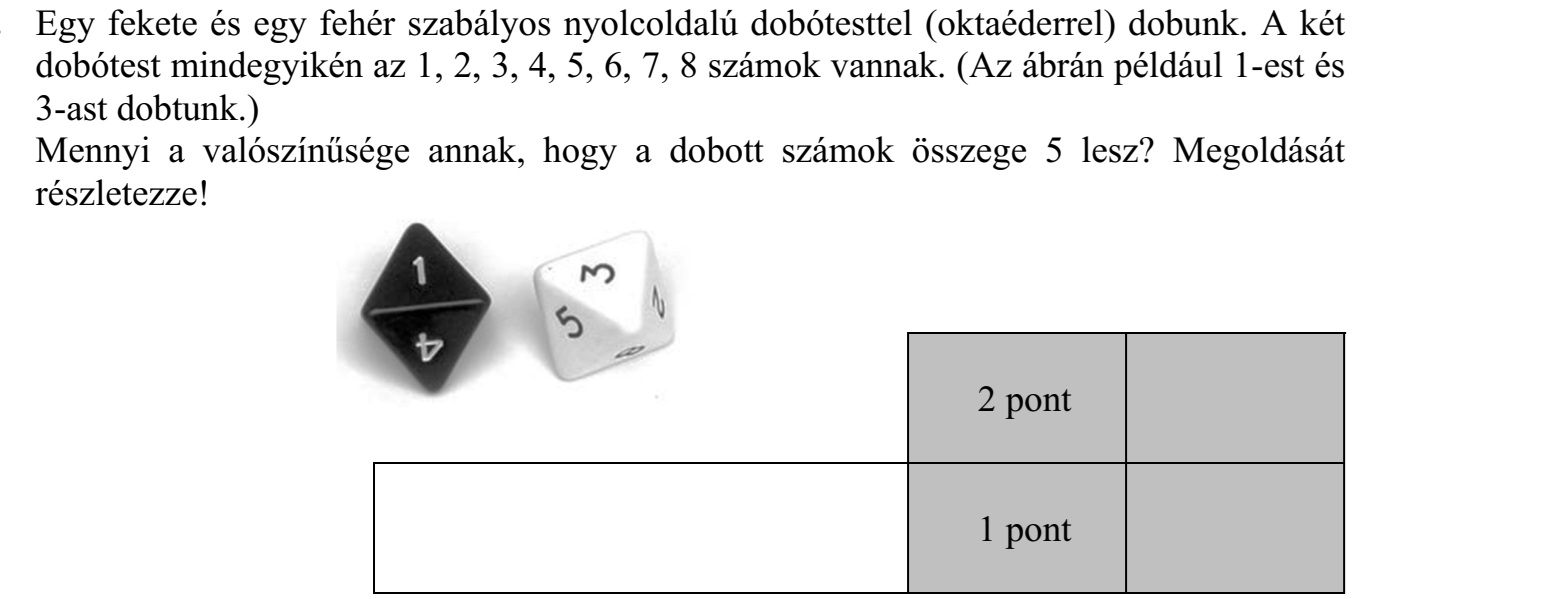 Egy fekete és egy fehér szabályos nyolcoldalú dobótesttel (oktaéderrel) dobunk. A két dobótest mindegyikén az 1, 2, 3, 4, 5, 6, 7, 8 számok vannak. (Az ábrán például 1-est és 3-ast dobtunk.) Mennyi a valószínűsége annak, hogy a dobott számok összege 5 lesz? Megoldását részletezze!