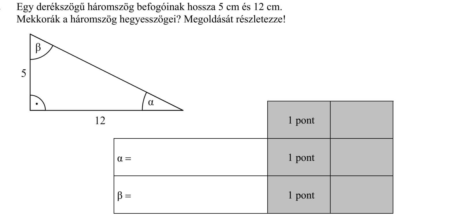 Egy derékszögű háromszög befogóinak hossza 5 cm és 12 cm. Mekkorák a háromszög hegyesszögei? Megoldását részletezze!