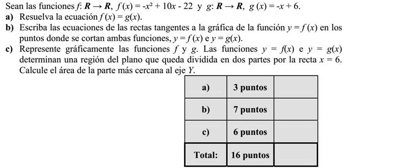 Adottak az f: R  R, ( ) 22102 += xxxf és a g: R  R, ( ) 6+= xxg függvények. a) Oldja meg az ( ) ( )xgxf = egyenletet! b) Írja fel az ( )xfy = és az ( )xgy = egyenletű alakzatok közös pontjaiban az ( )xfy = egyenletű görbéhez húzható érintők egyenletét! c) Ábrázolja az f és a g függvény grafikonját! Számítsa ki az ( )xfy = , ( )xgy = egyenletű grafikonok és az 6=x egyenletű egyenes által közrefogott, az y tengelyhez közelebbi síkidom területét!