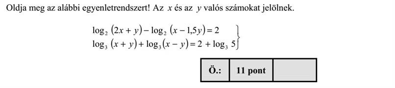 Oldja meg az alábbi egyenletrendszert! Az x és az y valós számokat jelölnek. ( ) ( ) ( ) ( )    +=++ =+ 5log2loglog 25,1log2log 333 22 yxy