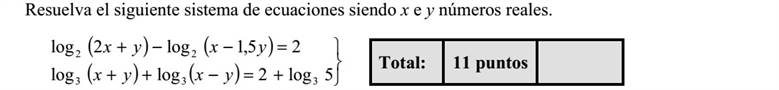 Oldja meg az alábbi egyenletrendszert! Az x és az y valós számokat jelölnek. ( ) ( ) ( ) ( )    +=++ =+ 5log2loglog 25,1log2log 333 22 yxy