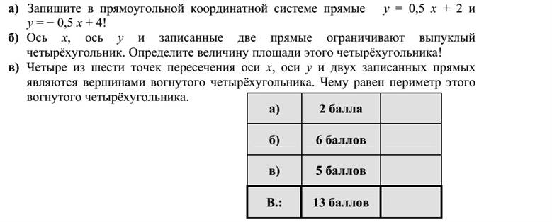 a) Ábrázolja a derékszögű koordináta-rendszerben az y = 0,5 x + 2 és az y =  0,5 x + 4 egyeneseket! b) Az x tengely, az y tengely és a két ábrázolt egyenes közrefog egy konvex négy- szöget. Mekkora ennek a négyszögnek a területe? c) Az x tengely, az y tengely és a két ábrázolt egyenes hat metszéspontja közül négy egy konkáv négyszög négy csúcsa. Mekkora ennek a konkáv négyszögnek a kerülete?