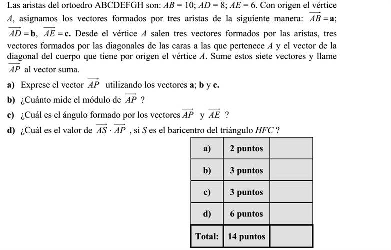 Az ABCDEFGH téglatest élei: AB = 10  AD = 8  AE = 6. Legyenek az A csúcsból induló élvektorok rendre: =AB a  =AD b, =AE c. Az A csúcsból e három élvektor, továbbá három lapátlóvektor és egy testátlóvektor indul ki. Adja össze ezt a hét vektort, az összegvektort jelölje .AP a) Fejezze ki AP vektort az a  b és c élvektorokkal! b) Milyen hosszú az AP ? c) Mekkora szöget zár be AP az AE vektorral? d) Mennyi az APAS  értéke, ha S a HFC háromszög súlypontja?