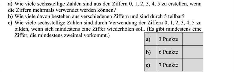 a) Hány hatjegyű számot lehet készíteni a 0, 1, 2, 3, 4, 5 számjegyek felhasználásával, ha a számjegyek többször is felhasználhatók? b) A fenti hatjegyű számok között hány különböző számjegyekből álló, öttel osztható szám van? c) A 0, 1, 2, 3, 4, 5 számjegyek felhasználásával hány olyan hatjegyű számot képezhetünk, amelyben legalább egy számjegy ismétlődik? (Legalább egy számjegy legalább kétszer fordul elő.)